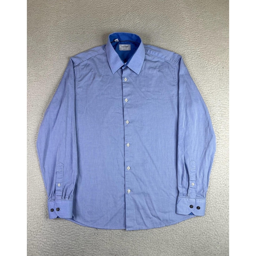 Duchamp Dress Shirt Mens 16.5 34/35 Blue Polka Dot Slim Fit Stretch LS